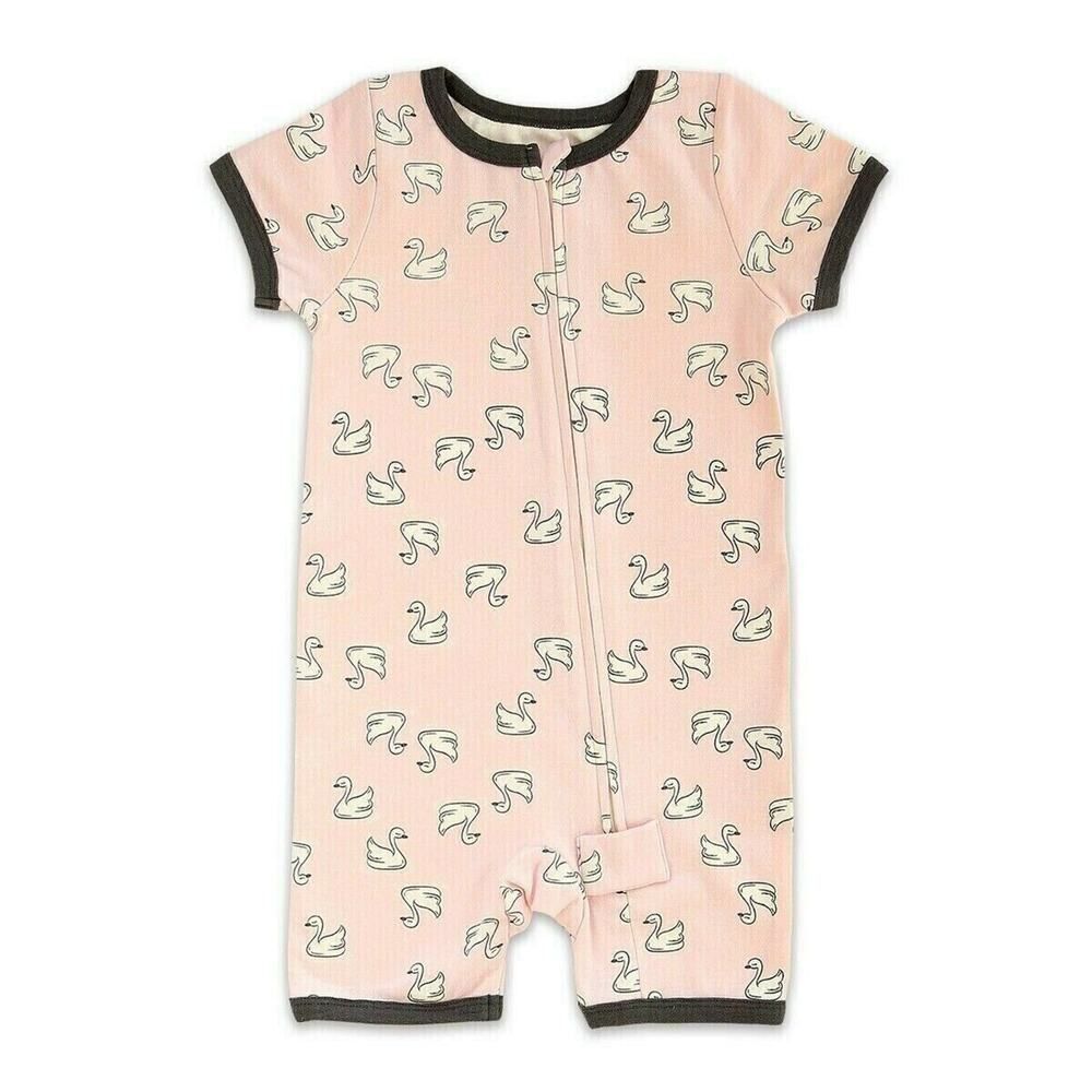 SILKBERRY BABY Organic Cotton Short Sleeve Romper Zipper Little Swan NEW 12-18 M